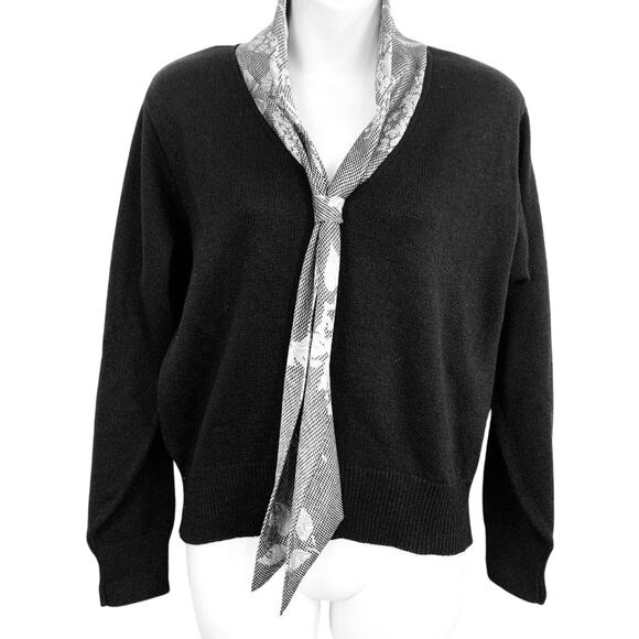 Serbin Vintage Black Knit Long Sleeve Sweater USA Made Silver Scarf Attached  8 - Picture 1 of 16